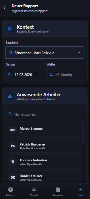 Interface mobile chef de chantier — création de rapport de chantier