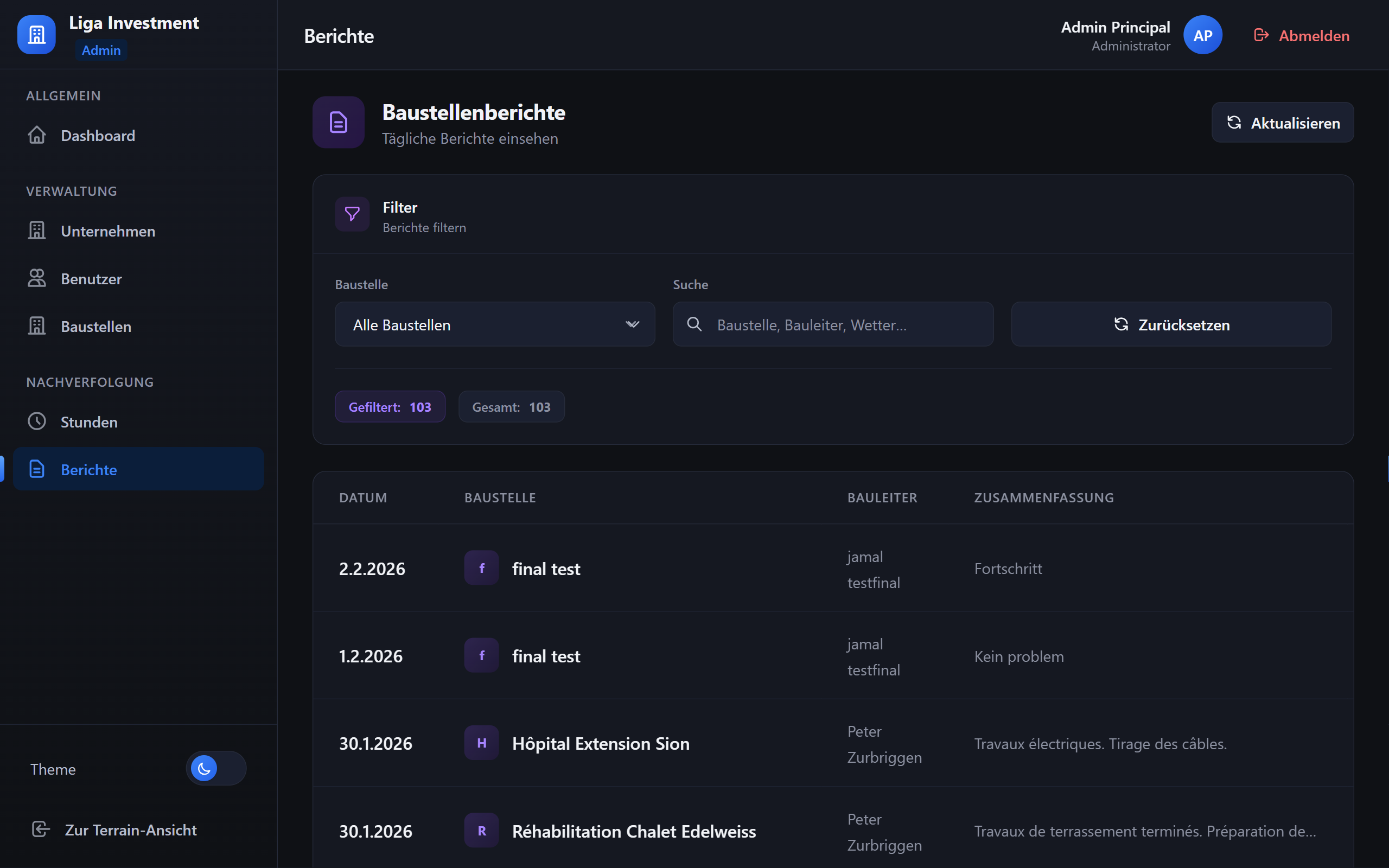 Rapports de chantier — historique, consultation et export PDF