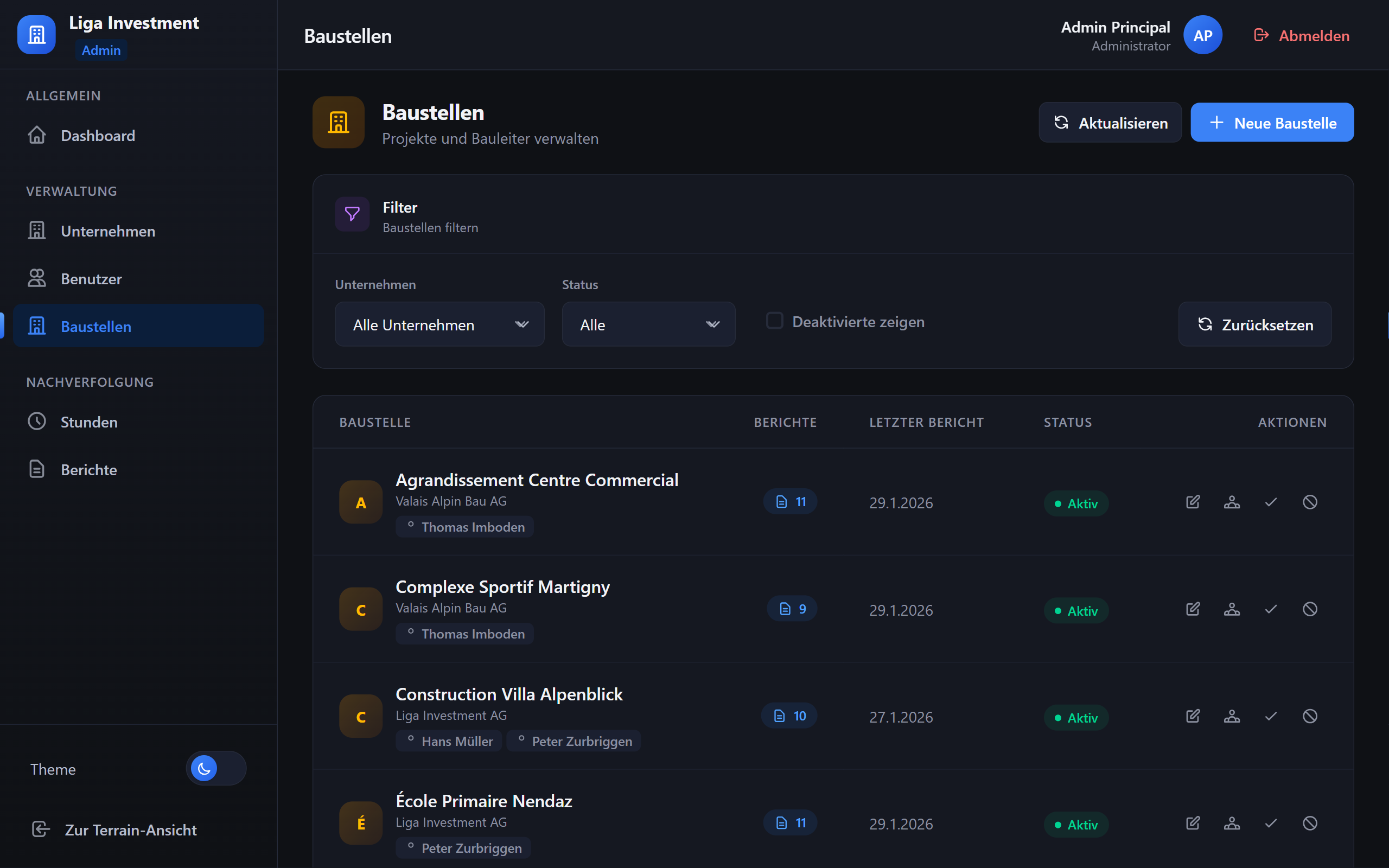Gestion des chantiers — liste, archivage et rattachement multi-sociétés