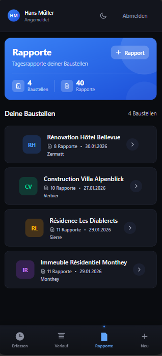Interface mobile chef de chantier — consultation rapports terrain
