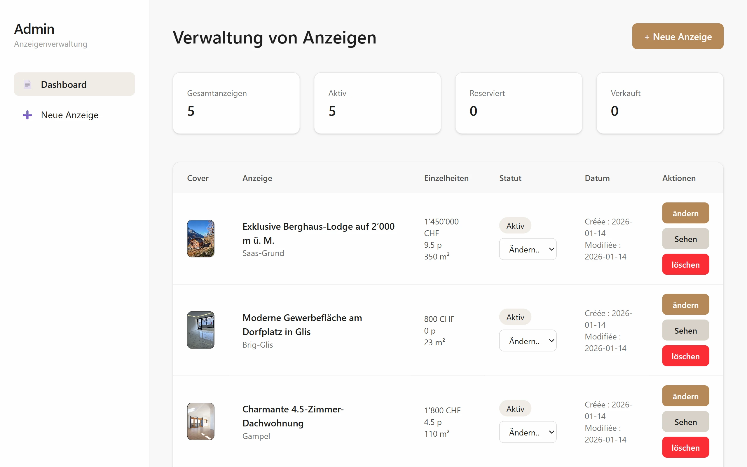 Back-office CRUD gestion annonces immobilières — dashboard avec statuts et actions